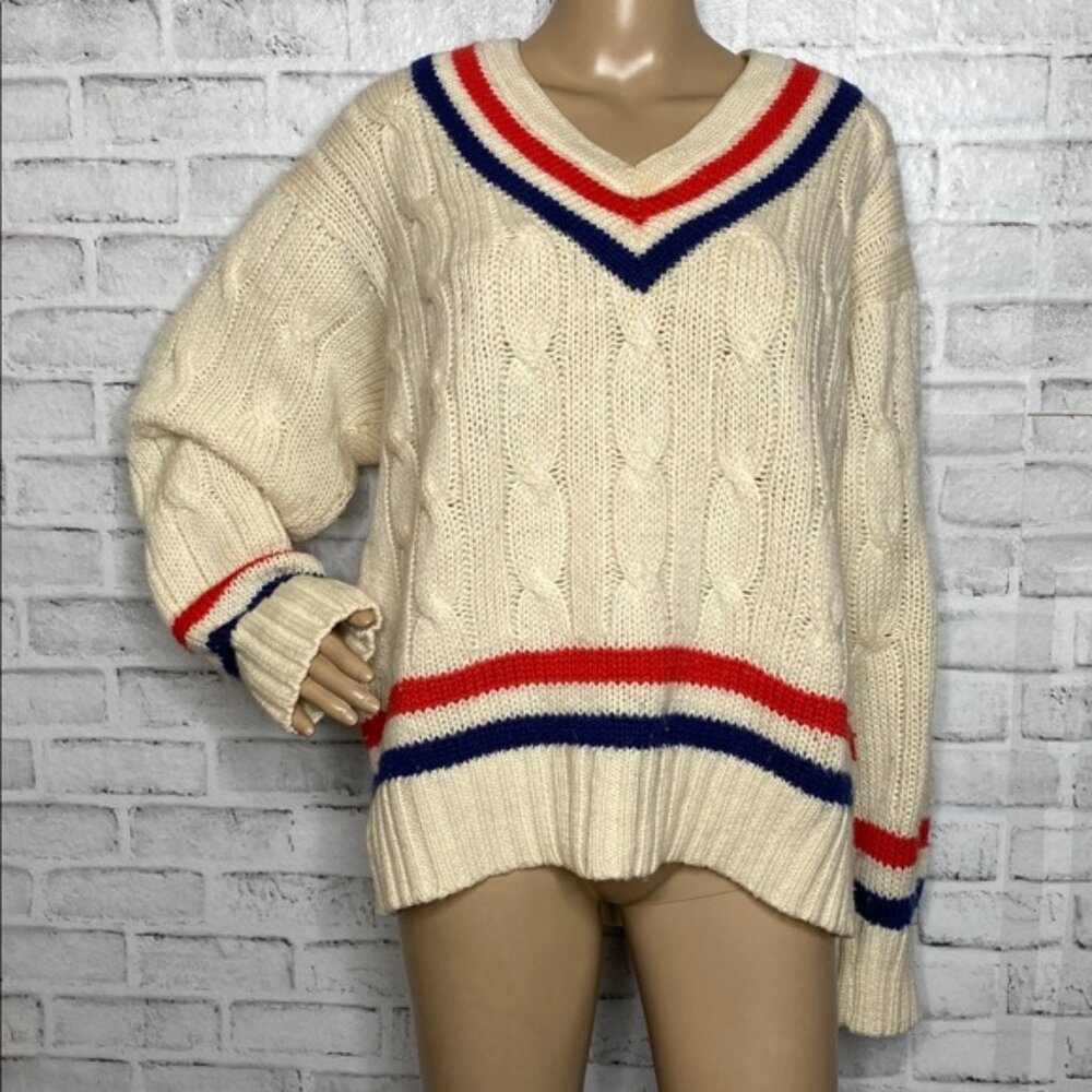 Rowing Blazers cricket v neck cable knit wool sweater